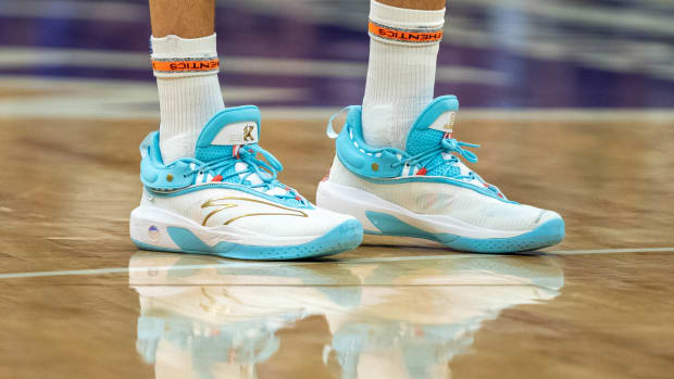 View of Klay Thompson's white and blue shoes.